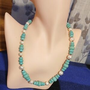 Turquoise Bead and Pearl Necklace - Elegant Blue Green Design